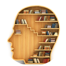 A wooden head with books on the shelves.